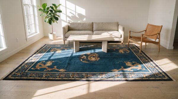 Antique geometric medallion wool hand knotted pile blue 1900s rug 7 Antique geometric medallion wool hand knotted pile blue 1900s rug (sku 23126) - room view