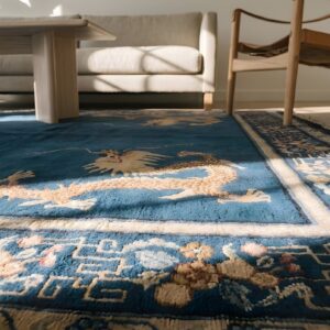 Antique Geometric Medallion Wool Hand Knotted Pile Blue 1900s Rug (SKU 23126) - in-room detail