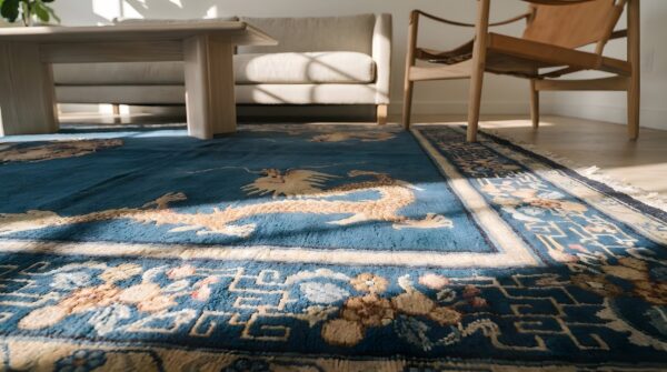 Antique geometric medallion wool hand knotted pile blue 1900s rug 8 Antique geometric medallion wool hand knotted pile blue 1900s rug (sku 23126) - in-room detail