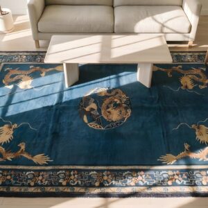 Antique Geometric Medallion Wool Hand Knotted Pile Blue 1900s Rug (SKU 23126) - styled overhead view