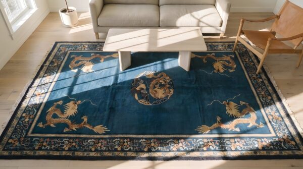Antique geometric medallion wool hand knotted pile blue 1900s rug 2 Antique geometric medallion wool hand knotted pile blue 1900s rug (sku 23126) - styled overhead view