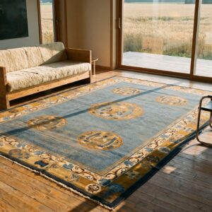 Antique Geometric Medallion Wool Hand Knotted Pile Blue 1930s Rug (SKU 22787) - room view