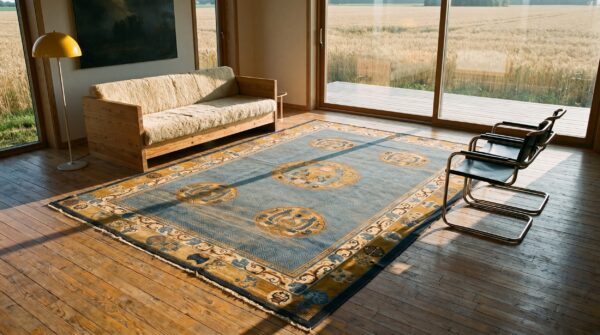 Antique geometric medallion wool hand knotted pile blue 1930s rug (sku 22787) - room view