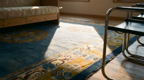 Antique geometric medallion wool hand knotted pile blue 1930s rug (sku 22787) - in-room detail