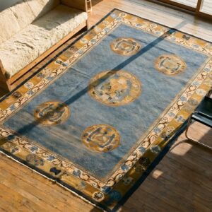 Antique Geometric Medallion Wool Hand Knotted Pile Blue 1930s Rug (SKU 22787) - styled overhead view