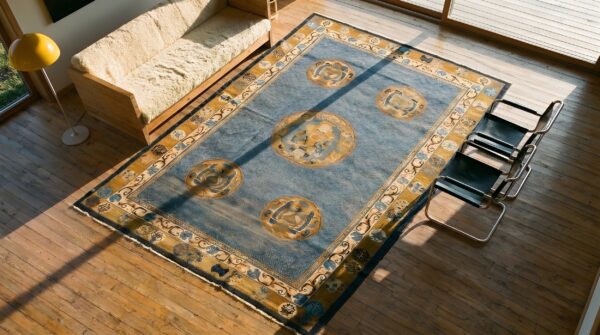 Antique geometric medallion wool hand knotted pile blue 1930s rug (sku 22787) - styled overhead view