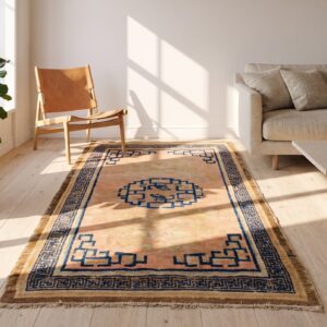Antique Geometric Medallion Wool Hand Knotted Pile Coral 1750s Rug (SKU 22200) - room view
