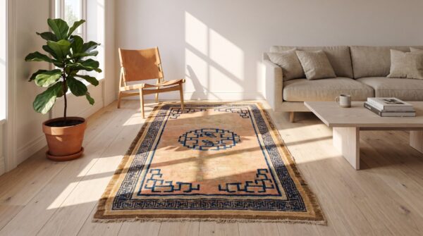 Antique geometric medallion wool hand knotted pile coral 1750s rug 6 Antique geometric medallion wool hand knotted pile coral 1750s rug (sku 22200) - room view