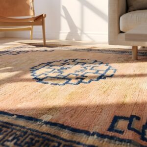 Antique Geometric Medallion Wool Hand Knotted Pile Coral 1750s Rug (SKU 22200) - in-room detail