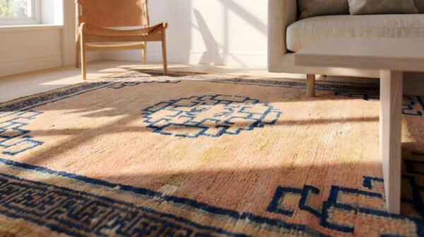 Antique geometric medallion wool hand knotted pile coral 1750s rug 7 Antique geometric medallion wool hand knotted pile coral 1750s rug (sku 22200) - in-room detail