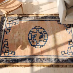 Antique Geometric Medallion Wool Hand Knotted Pile Coral 1750s Rug (SKU 22200) - styled overhead view