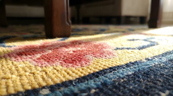 Antique geometric medallion wool hand knotted pile coral 1925 rug (sku 22144) - in-room detail