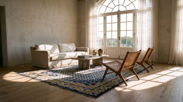 Antique geometric medallion wool hand knotted pile ivory beige cream white 1825 rug 7 Antique geometric medallion wool hand knotted pile ivory beige cream white 1825 rug (sku 22005) - room view