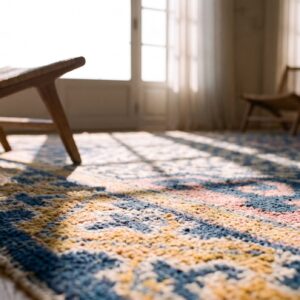 Antique Geometric Medallion Wool Hand Knotted Pile Ivory Beige Cream White 1825 Rug (SKU 22005) - in-room detail