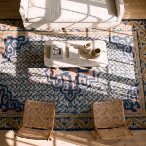 Antique Geometric Medallion Wool Hand Knotted Pile Ivory Beige Cream White 1825 Rug (SKU 22005) - styled overhead view