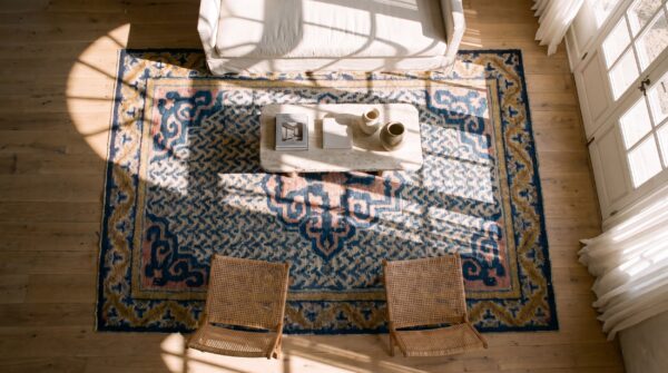 Antique geometric medallion wool hand knotted pile ivory beige cream white 1825 rug 2 Antique geometric medallion wool hand knotted pile ivory beige cream white 1825 rug (sku 22005) - styled overhead view