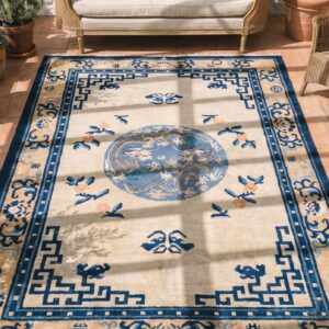 Antique Geometric Medallion Wool Hand Knotted Pile Ivory Beige Cream White 1880s Rug (SKU 21978) - styled overhead view