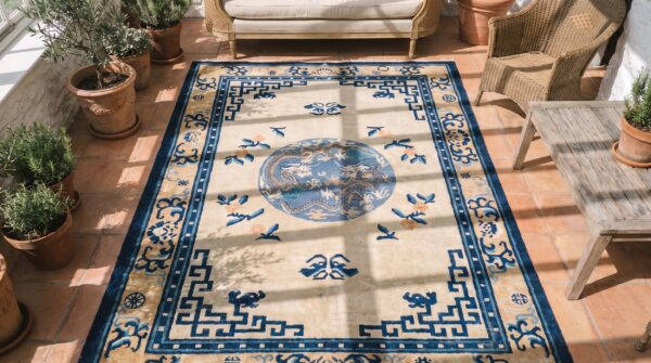 Antique geometric medallion wool hand knotted pile ivory beige cream white 1880s rug 2 Antique geometric medallion wool hand knotted pile ivory beige cream white 1880s rug (sku 21978) - styled overhead view