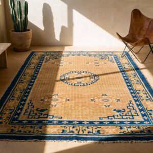 Antique Geometric Medallion Wool Hand Knotted Pile Yellow 1750s Rug (SKU 20968) - room view