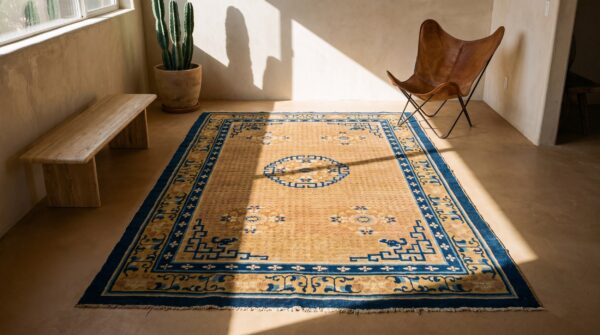 Antique geometric medallion wool hand knotted pile yellow 1750s rug 5 Antique geometric medallion wool hand knotted pile yellow 1750s rug (sku 20968) - room view