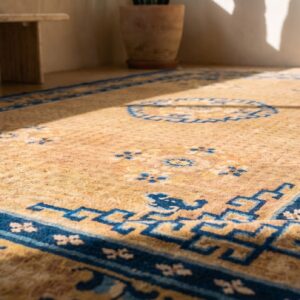 Antique Geometric Medallion Wool Hand Knotted Pile Yellow 1750s Rug (SKU 20968) - in-room detail