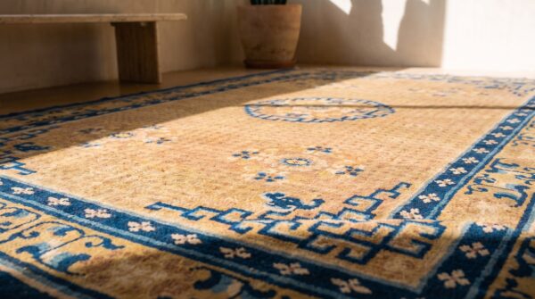 Antique geometric medallion wool hand knotted pile yellow 1750s rug 6 Antique geometric medallion wool hand knotted pile yellow 1750s rug (sku 20968) - in-room detail