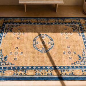 Antique Geometric Medallion Wool Hand Knotted Pile Yellow 1750s Rug (SKU 20968) - styled overhead view