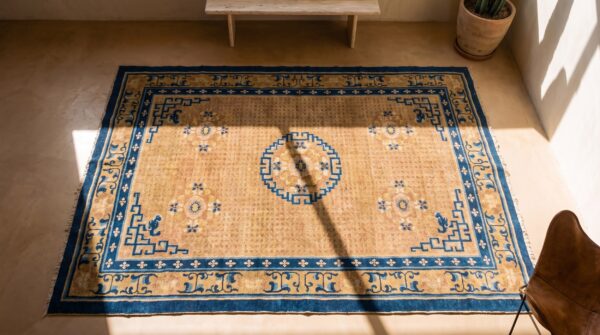 Antique geometric medallion wool hand knotted pile yellow 1750s rug 2 Antique geometric medallion wool hand knotted pile yellow 1750s rug (sku 20968) - styled overhead view
