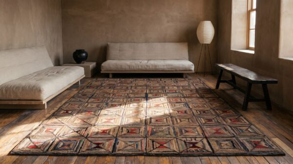 Antique geometric pattern american hooked area rug 6 Antique geometric pattern american hooked area rug (sku 20468) - room view