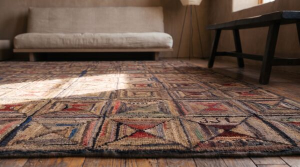 Antique geometric pattern american hooked area rug 7 Antique geometric pattern american hooked area rug (sku 20468) - in-room detail