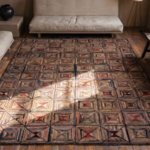Antique Geometric Pattern American Hooked Area Rug (SKU 20468) - styled overhead view
