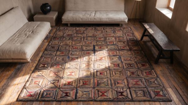 Antique geometric pattern american hooked area rug 2 Antique geometric pattern american hooked area rug (sku 20468) - styled overhead view