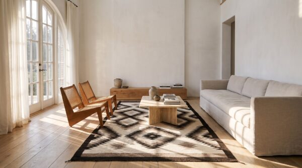 Antique geometric pattern native american flat weave rug (sku 25065) - room view