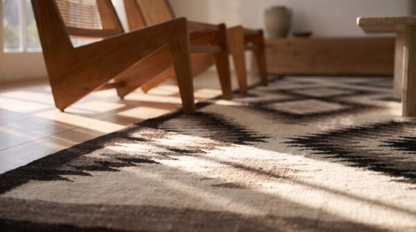 Antique geometric pattern native american flat weave rug (sku 25065) - in-room detail