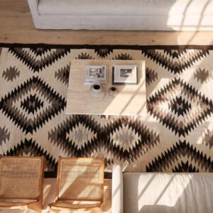Antique Geometric Pattern Native American Flat Weave Rug (SKU 25065) - styled overhead view