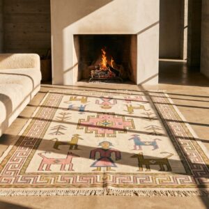 Antique Geometric People and Animals Small Scatter Size Cotton Dhurrie Rug (SKU 21544) - room view