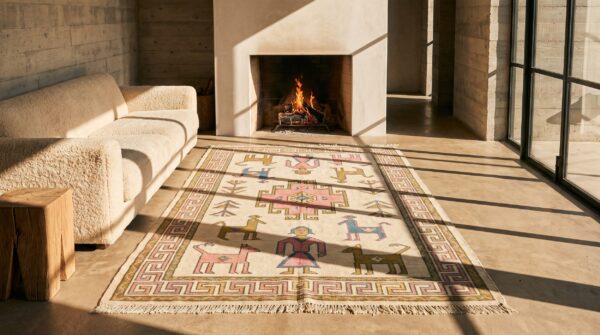 Antique geometric people and animals small scatter size cotton dhurrie rug 6 Antique geometric people and animals small scatter size cotton dhurrie rug (sku 21544) - room view