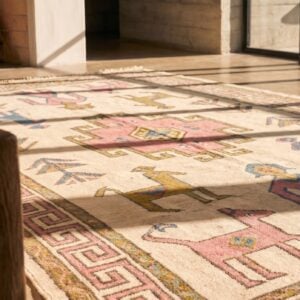 Antique Geometric People and Animals Small Scatter Size Cotton Dhurrie Rug (SKU 21544) - in-room detail
