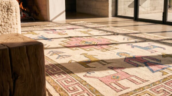 Antique geometric people and animals small scatter size cotton dhurrie rug 7 Antique geometric people and animals small scatter size cotton dhurrie rug (sku 21544) - in-room detail