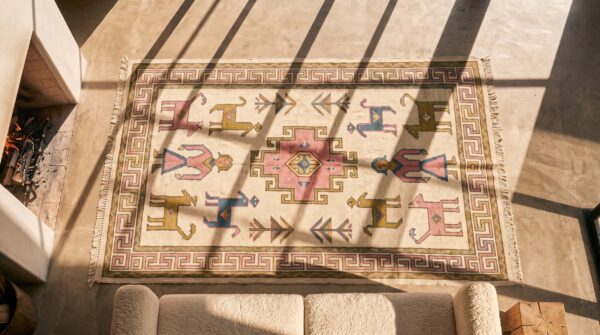 Antique geometric people and animals small scatter size cotton dhurrie rug 2 Antique geometric people and animals small scatter size cotton dhurrie rug (sku 21544) - styled overhead view