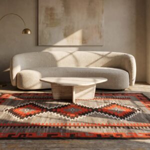 Geometric Running Dog Border Antique Tribal Native American Flatweave Navajo Rug (SKU 21382) - room view