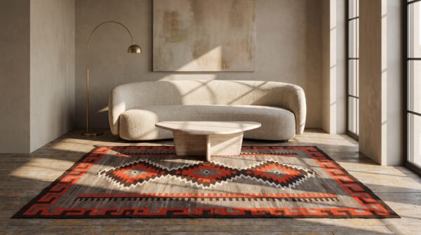 Geometric running dog border antique tribal native american flatweave navajo rug 7 Geometric running dog border antique tribal native american flatweave navajo rug (sku 21382) - room view