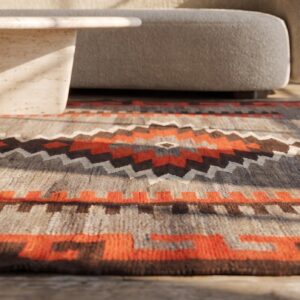 Geometric Running Dog Border Antique Tribal Native American Flatweave Navajo Rug (SKU 21382) - in-room detail