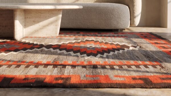 Geometric running dog border antique tribal native american flatweave navajo rug 8 Geometric running dog border antique tribal native american flatweave navajo rug (sku 21382) - in-room detail