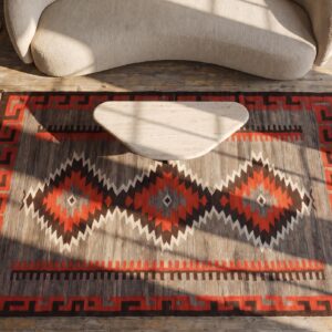 Geometric Running Dog Border Antique Tribal Native American Flatweave Navajo Rug (SKU 21382) - styled overhead view