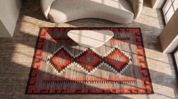 Geometric running dog border antique tribal native american flatweave navajo rug 2 Geometric running dog border antique tribal native american flatweave navajo rug (sku 21382) - styled overhead view