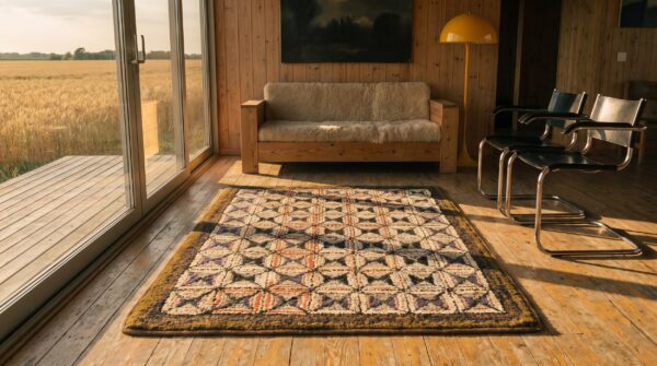 Antique geometric square design american hooked folk art rug (sku 20508) - room view