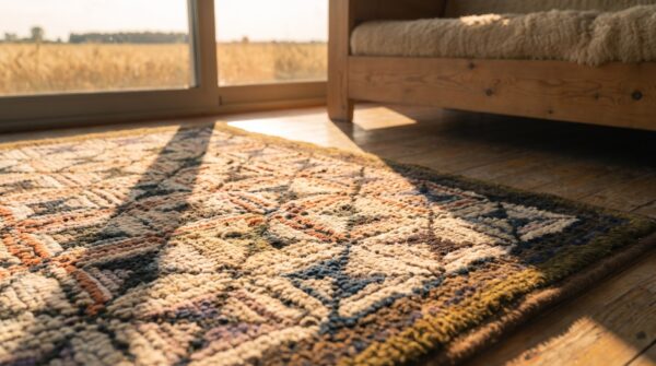 Antique geometric square design american hooked folk art rug (sku 20508) - in-room detail