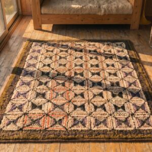 Antique Geometric Square Design American Hooked Folk Art Rug (SKU 20508) - styled overhead view