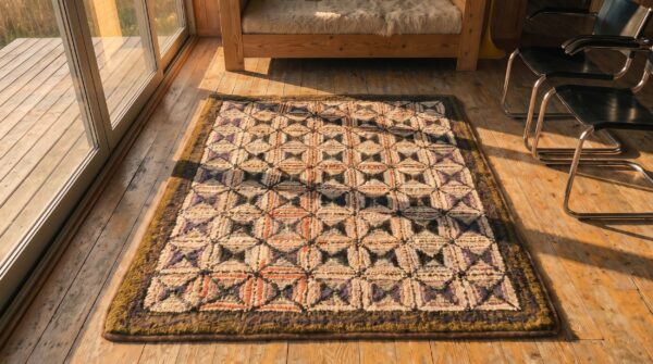 Antique geometric square design american hooked folk art rug (sku 20508) - styled overhead view